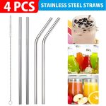 Set Of 4 Stainless Steel Straws With Cleaning Brush
