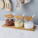 3 pcs glass Spice Jars with Bamboo Lids & Wooden Storage Tray